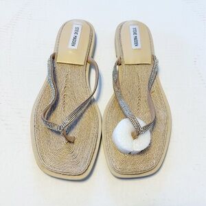 Steve Madden Womens Abela Faux Leather Thong Rhinestone Flip-Flops